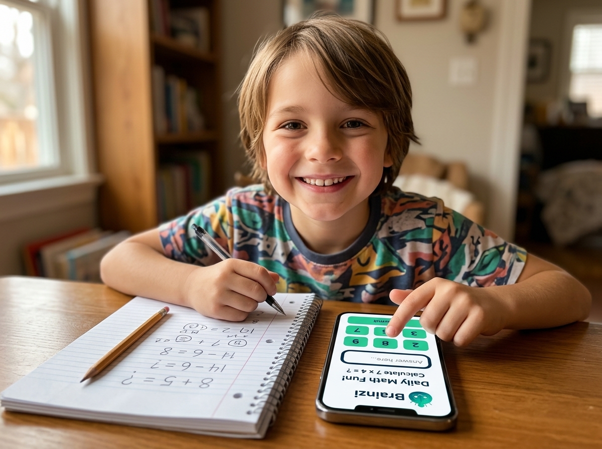 Criança feliz aprendendo matemática com o app Brainzi