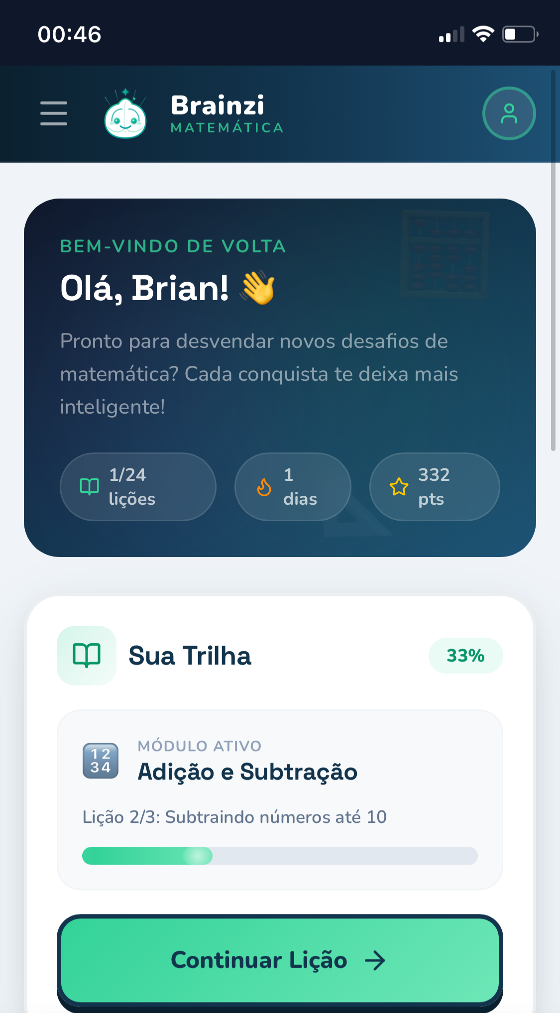 Painel principal do Brainzi com progresso do aluno