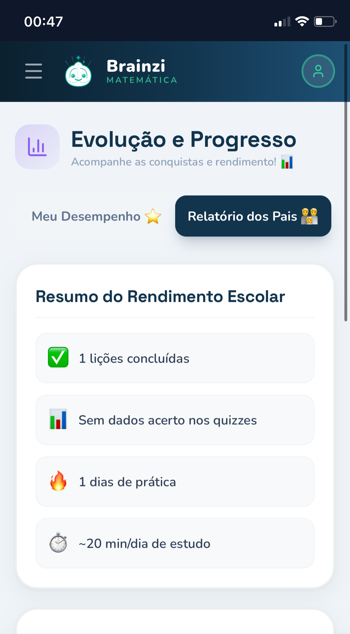 Relatório de evolução e progresso para os pais